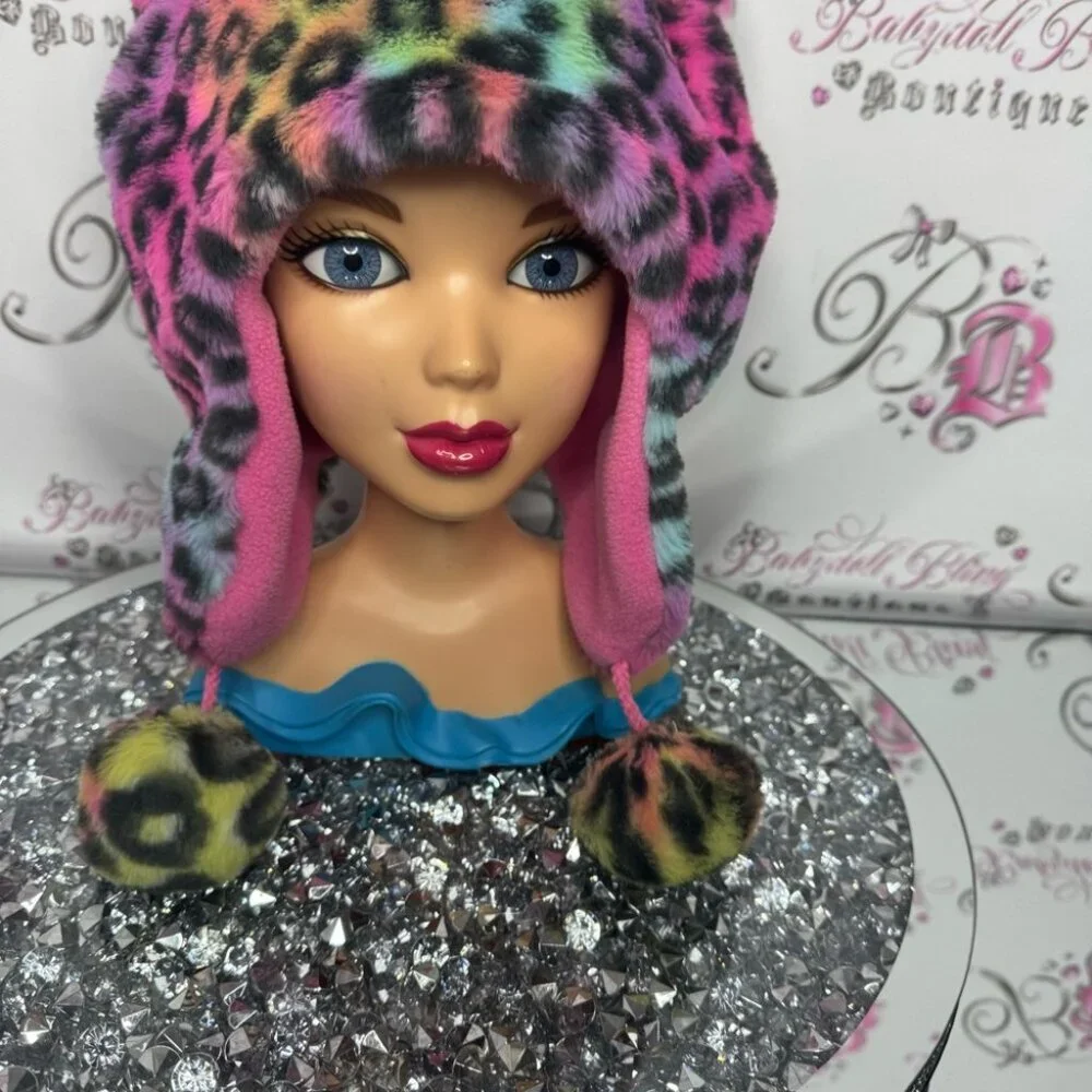 Hat toque cheetah print rainbow Pom poms cat ears animal print ombré soft fur